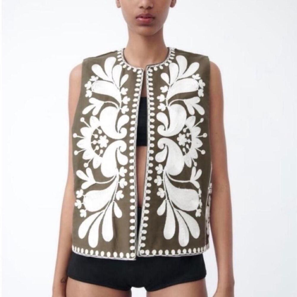 Zara Embroidered Paisley Waistcoat Olive Green XS